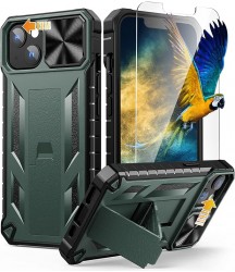 Phone Case Design for iPhone 13 iPhone14 Case with Stand: iPhone 13 iPhone14 Cover with Kickstand | Shockproof Military Grade Protective Cell Phone Case | TPU Durable Rugged Bumper Textured Matte Hybrid Design Dark Green