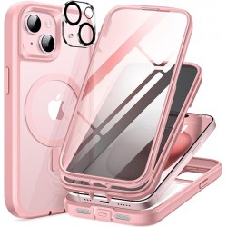TIESZEN Magnetic for iPhone 15 Case Compatible with Magsafe Dustproof Design Built-in 9H HD Tempered Glass Screen Protector  Privacy Screen Protector  2X Camera Lens Protector Coral Pink